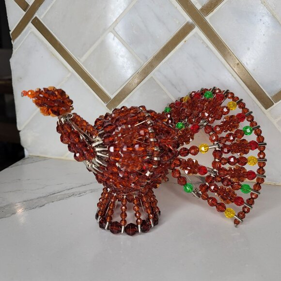 Handcrafted Beaded Turkey Figurine. Unique Beaded Decor Thanksgiving Centerpiece - Picture 6 of 7
